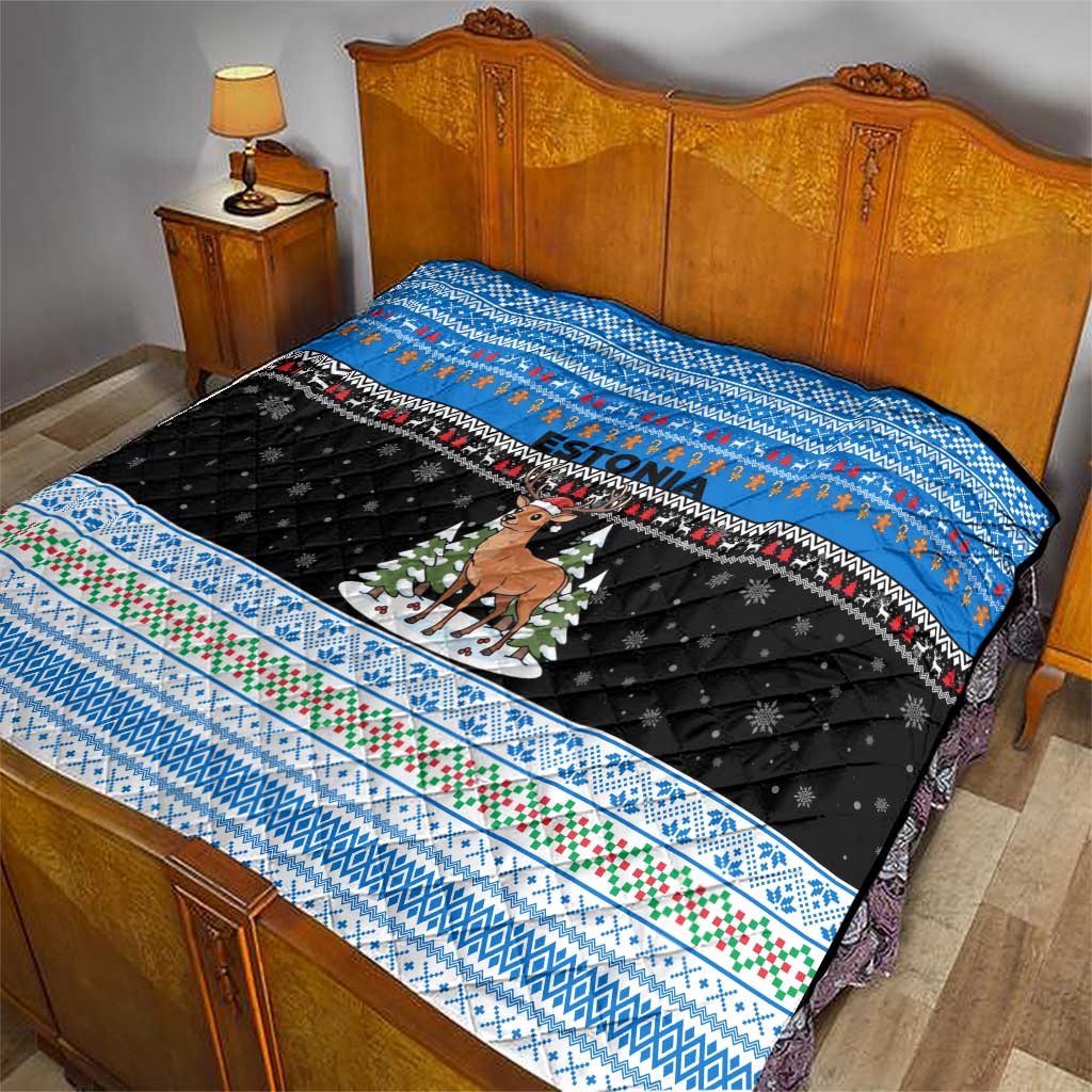 Estonia Christmas Quilt with Reindeer Gingerbread Snowflakes National Emblem and Winter Forest - Wonder Print Shop