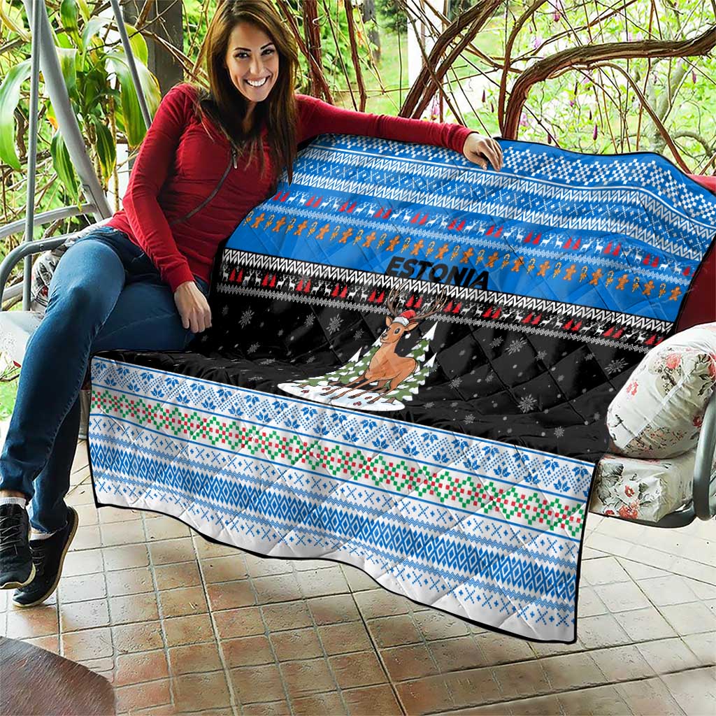 Estonia Christmas Quilt with Reindeer Gingerbread Snowflakes National Emblem and Winter Forest - Wonder Print Shop