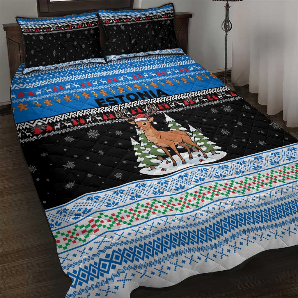 Estonia Christmas Quilt Bed Set with Reindeer Gingerbread Snowflakes National Emblem and Winter Forest - Wonder Print Shop