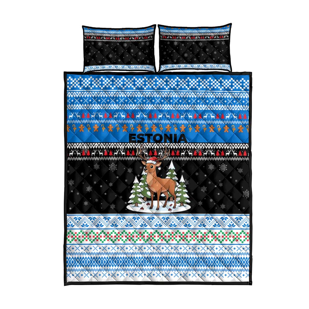 Estonia Christmas Quilt Bed Set with Reindeer Gingerbread Snowflakes National Emblem and Winter Forest - Wonder Print Shop