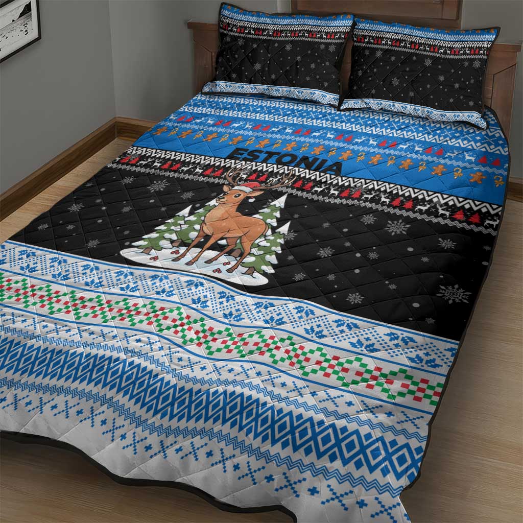 Estonia Christmas Quilt Bed Set with Reindeer Gingerbread Snowflakes National Emblem and Winter Forest - Wonder Print Shop