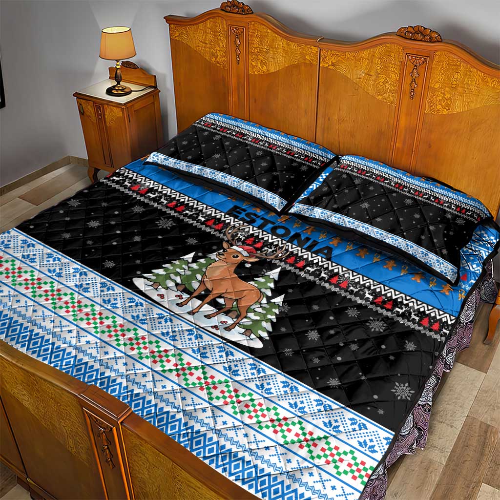 Estonia Christmas Quilt Bed Set with Reindeer Gingerbread Snowflakes National Emblem and Winter Forest - Wonder Print Shop