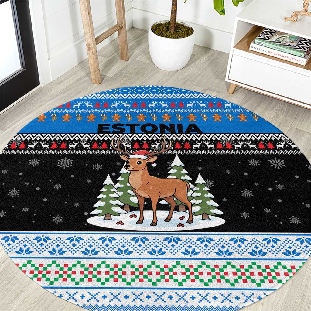 Estonia Christmas Round Carpet with Reindeer Gingerbread Snowflakes National Emblem and Winter Forest - Wonder Print Shop