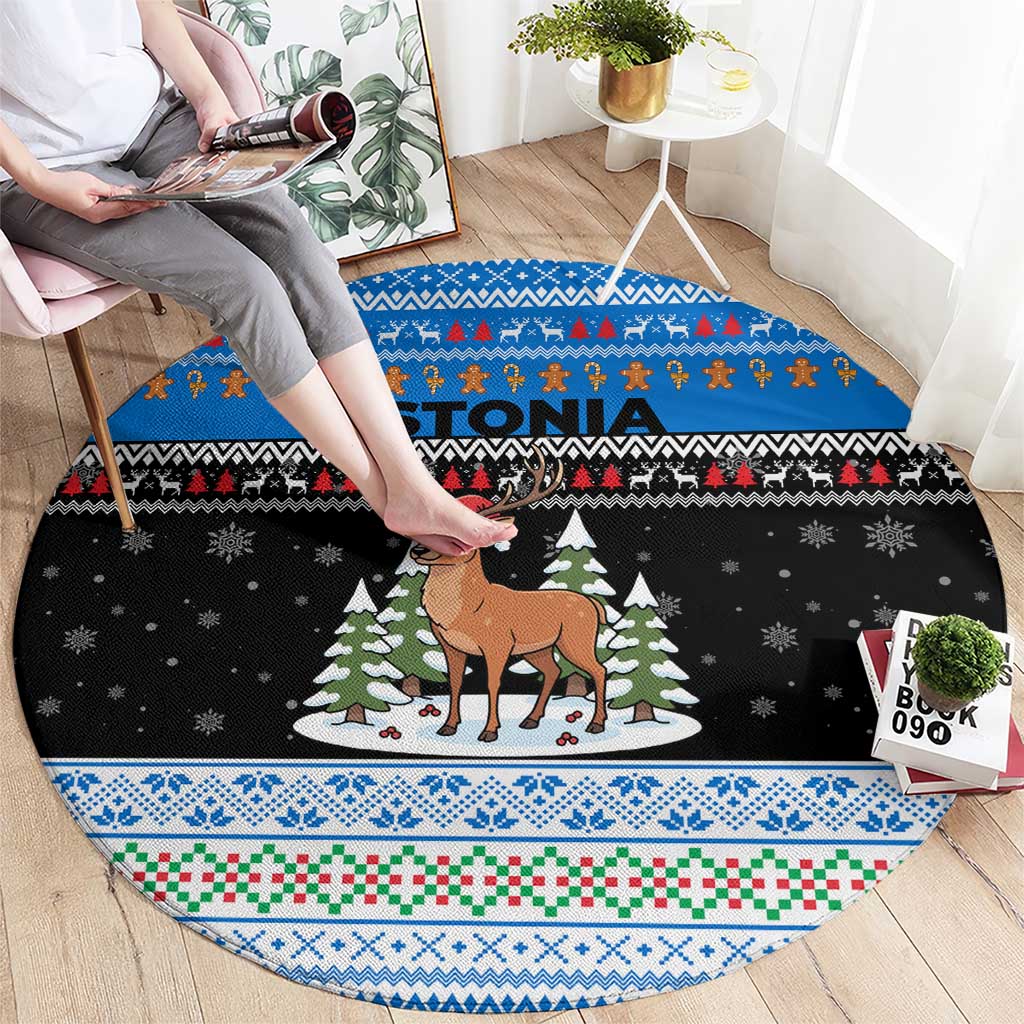 Estonia Christmas Round Carpet with Reindeer Gingerbread Snowflakes National Emblem and Winter Forest - Wonder Print Shop
