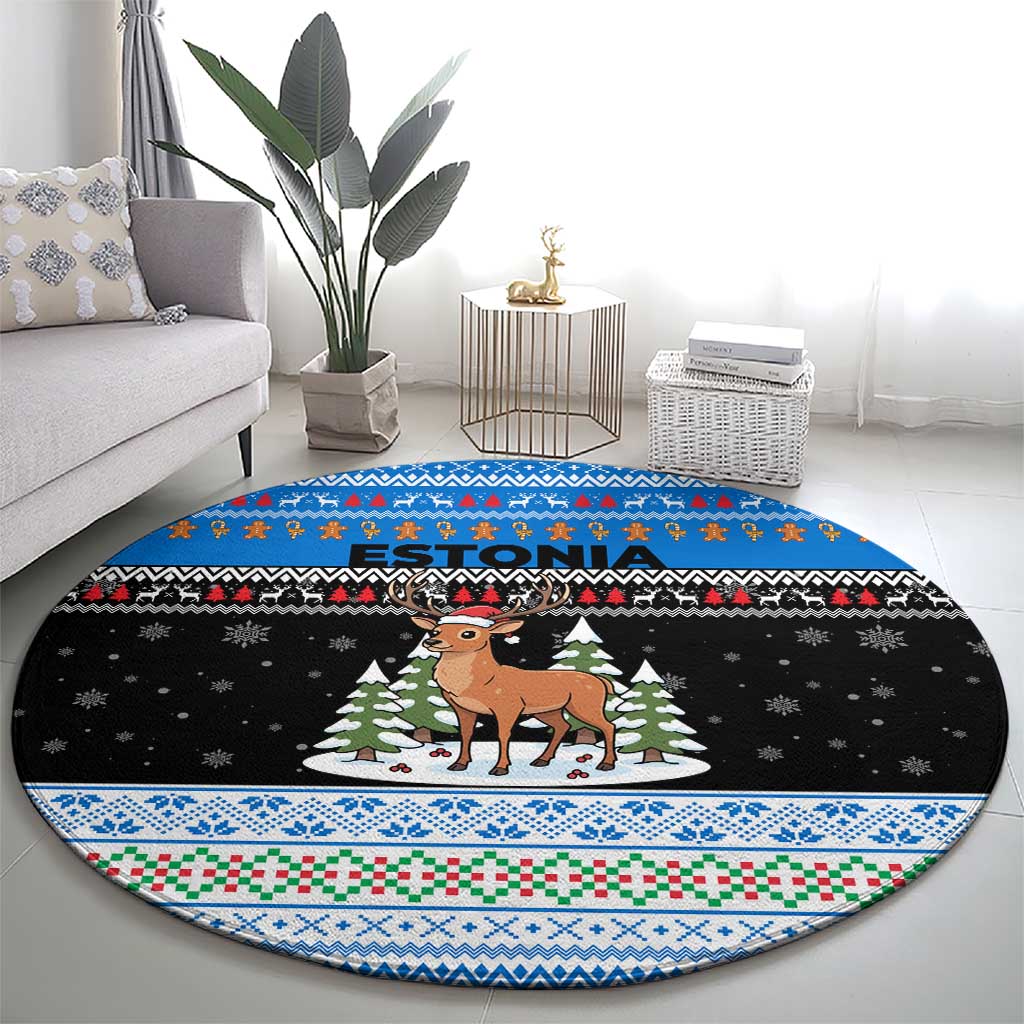 Estonia Christmas Round Carpet with Reindeer Gingerbread Snowflakes National Emblem and Winter Forest - Wonder Print Shop