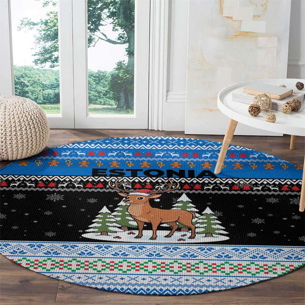 Estonia Christmas Round Carpet with Reindeer Gingerbread Snowflakes National Emblem and Winter Forest - Wonder Print Shop