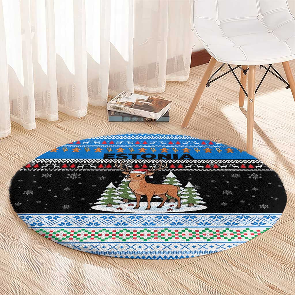 Estonia Christmas Round Carpet with Reindeer Gingerbread Snowflakes National Emblem and Winter Forest - Wonder Print Shop