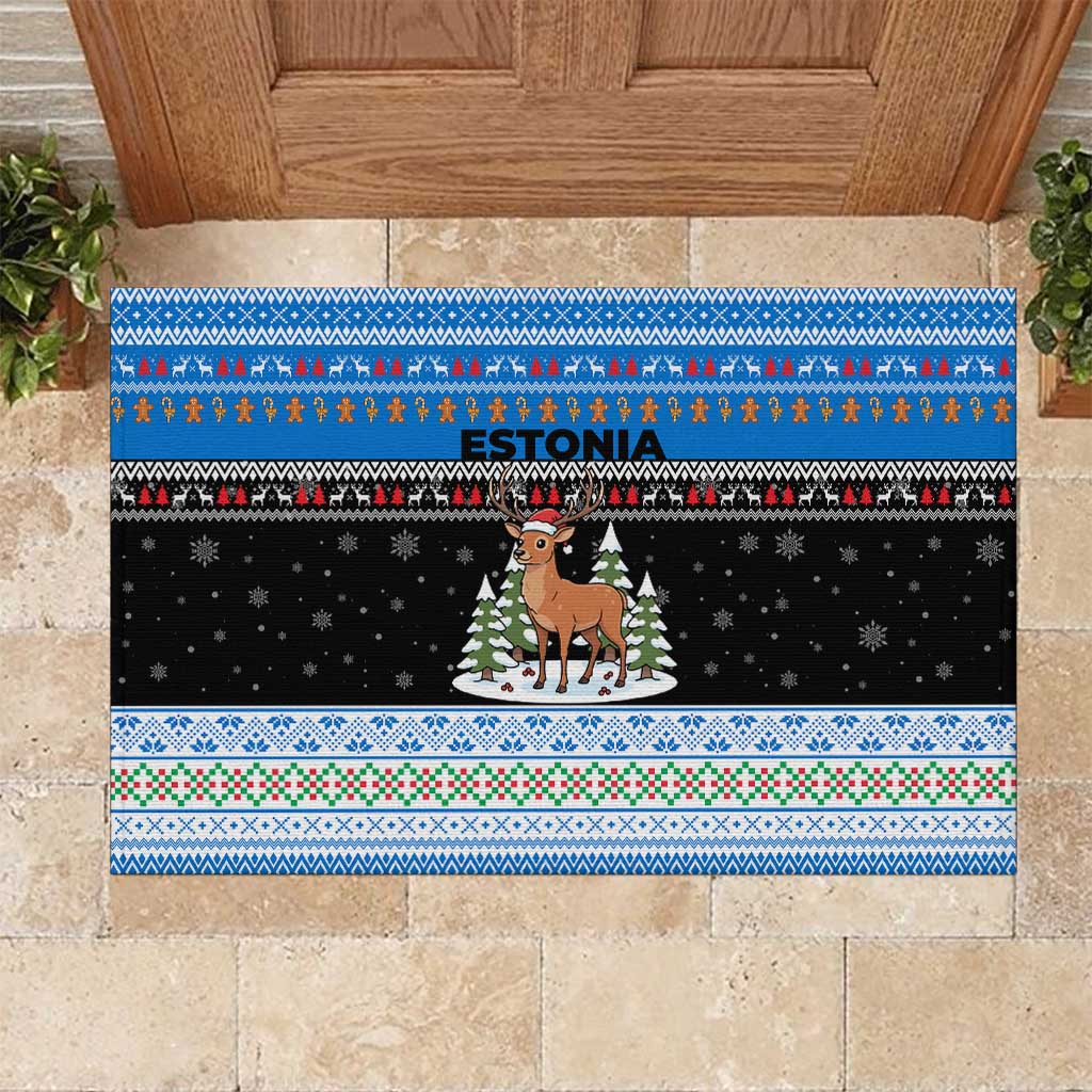 Estonia Christmas Rubber Doormat with Reindeer Gingerbread Snowflakes National Emblem and Winter Forest - Wonder Print Shop