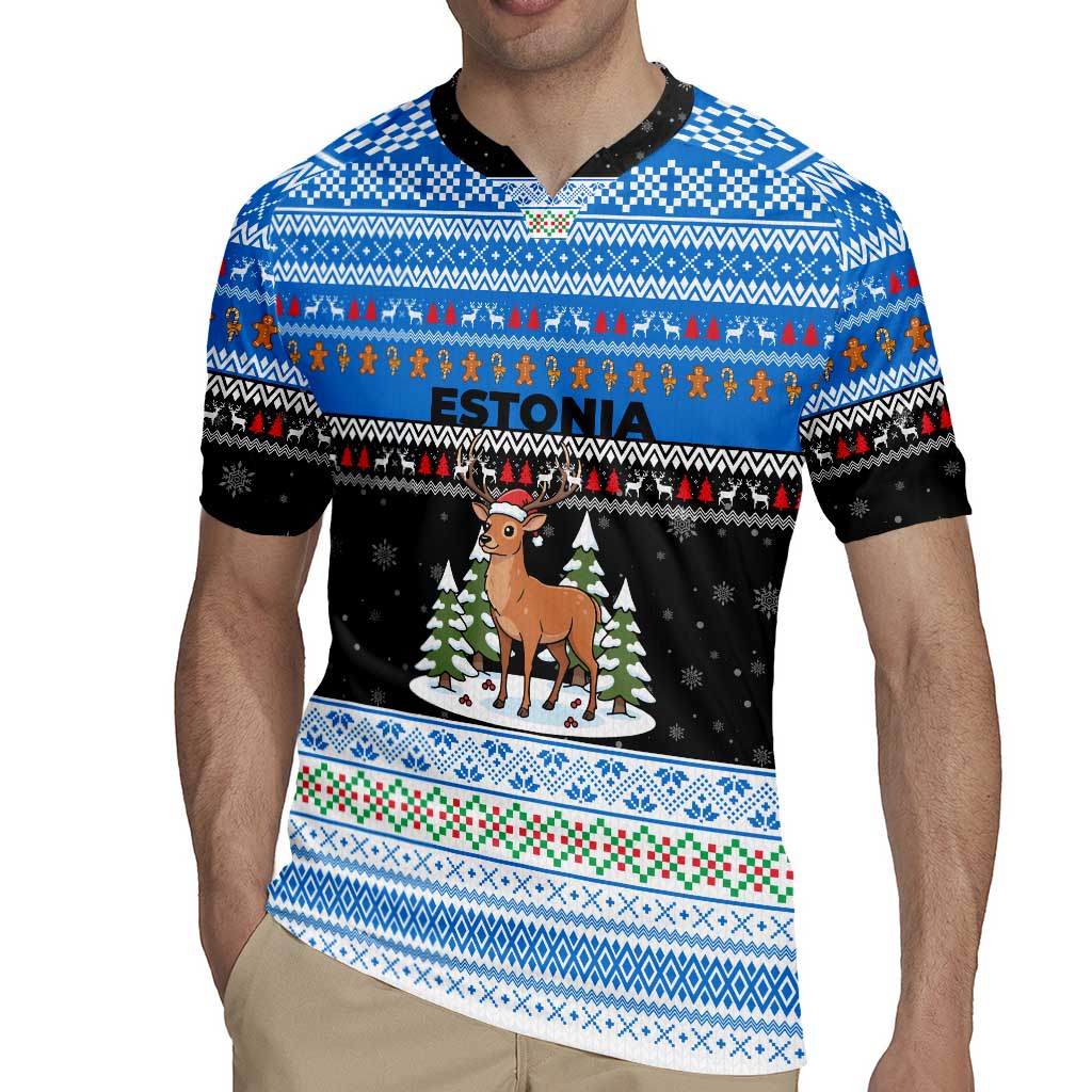 Estonia Christmas Rugby Jersey with Reindeer Gingerbread Snowflakes National Emblem and Winter Forest - Wonder Print Shop