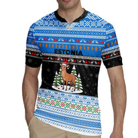 Estonia Christmas Rugby Jersey with Reindeer Gingerbread Snowflakes National Emblem and Winter Forest - Wonder Print Shop