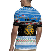 Estonia Christmas Rugby Jersey with Reindeer Gingerbread Snowflakes National Emblem and Winter Forest - Wonder Print Shop