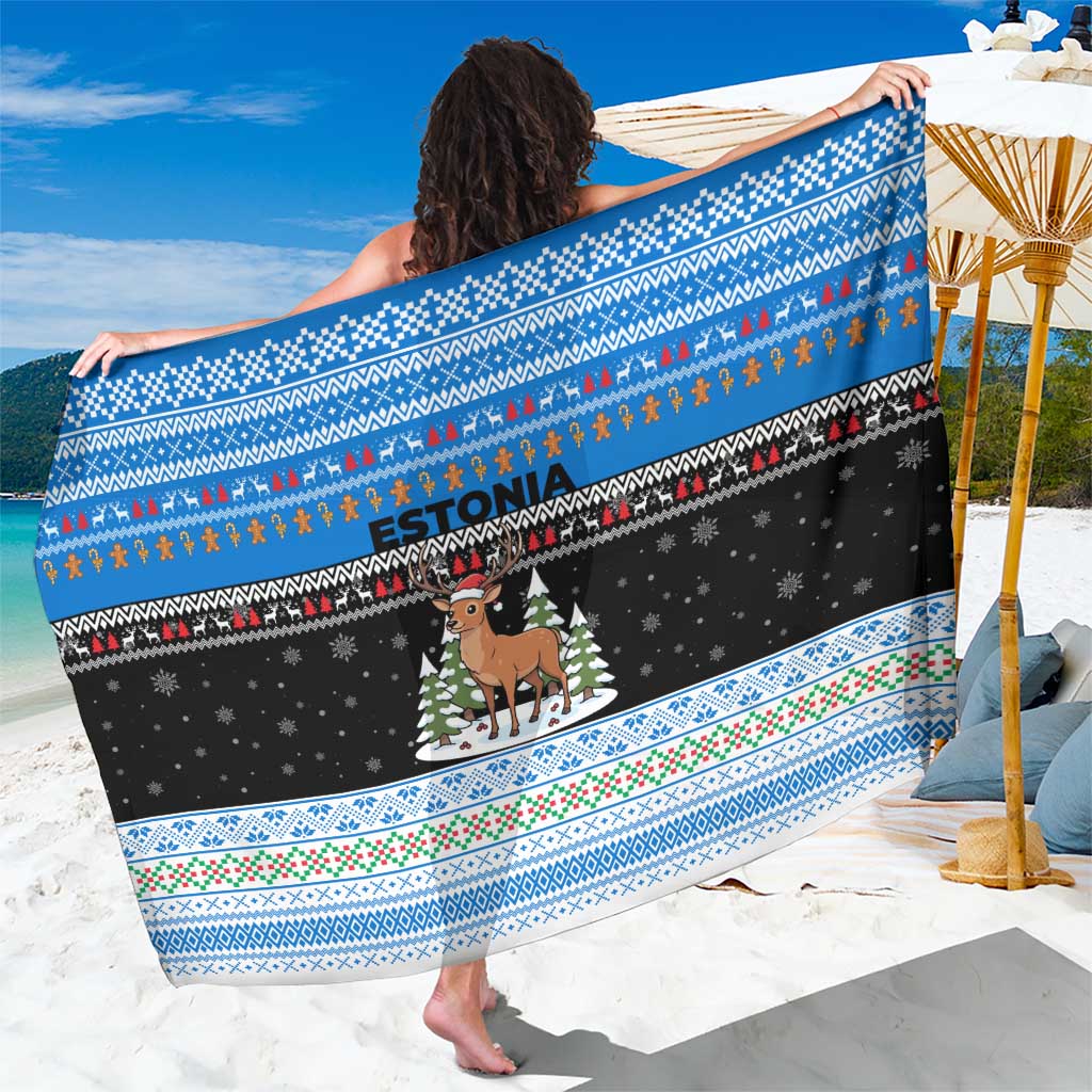 Estonia Christmas Sarong with Reindeer Gingerbread Snowflakes National Emblem and Winter Forest - Wonder Print Shop