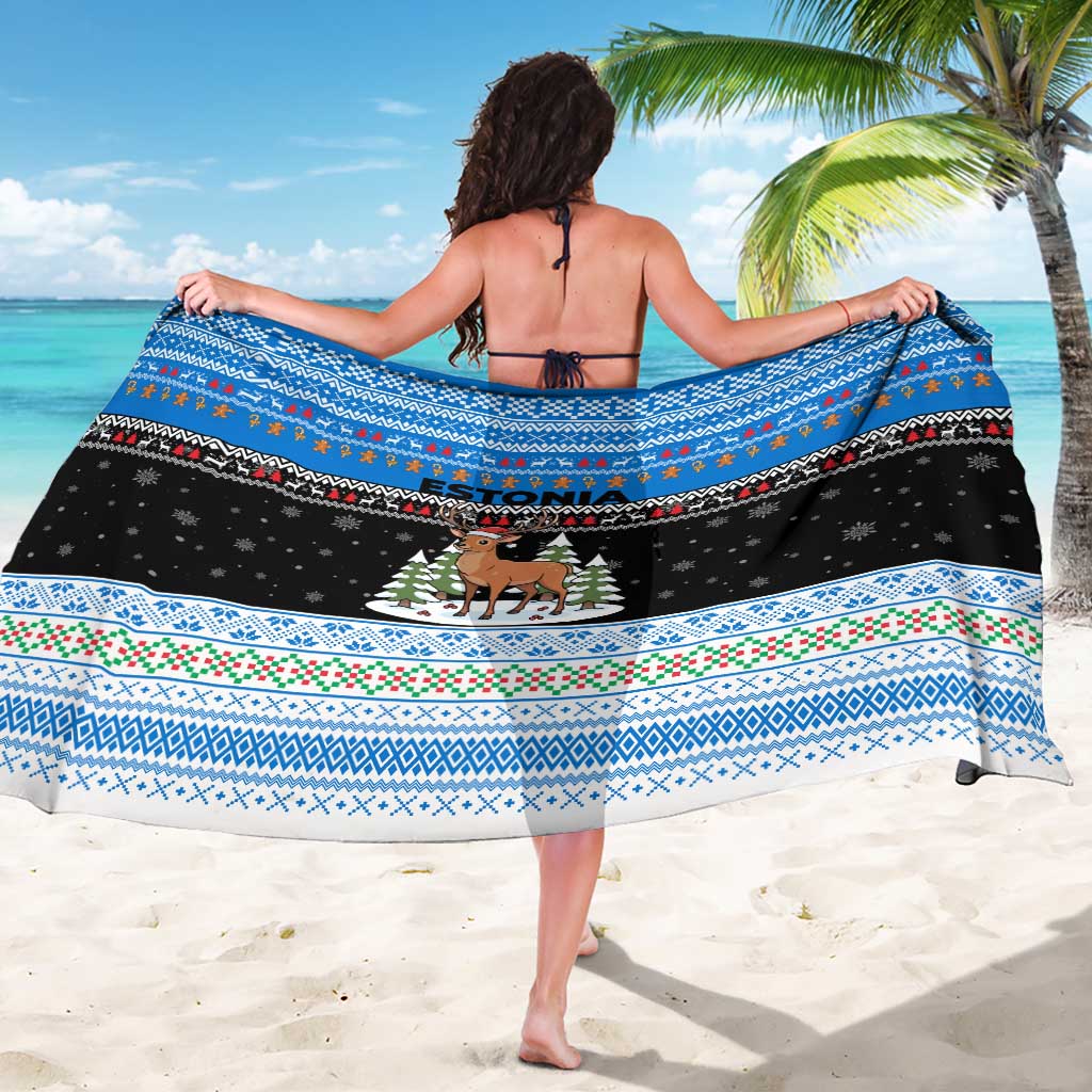 Estonia Christmas Sarong with Reindeer Gingerbread Snowflakes National Emblem and Winter Forest - Wonder Print Shop