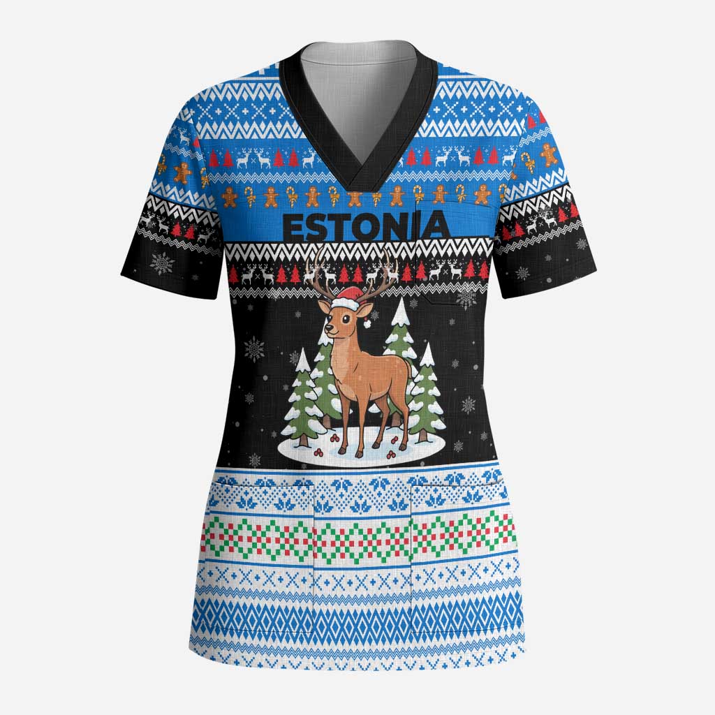 Estonia Christmas Scrub Top with Reindeer Gingerbread Snowflakes National Emblem and Winter Forest - Wonder Print Shop