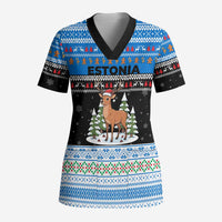Estonia Christmas Scrub Top with Reindeer Gingerbread Snowflakes National Emblem and Winter Forest - Wonder Print Shop