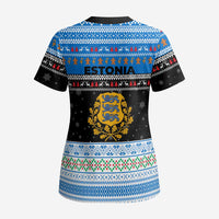 Estonia Christmas Scrub Top with Reindeer Gingerbread Snowflakes National Emblem and Winter Forest - Wonder Print Shop