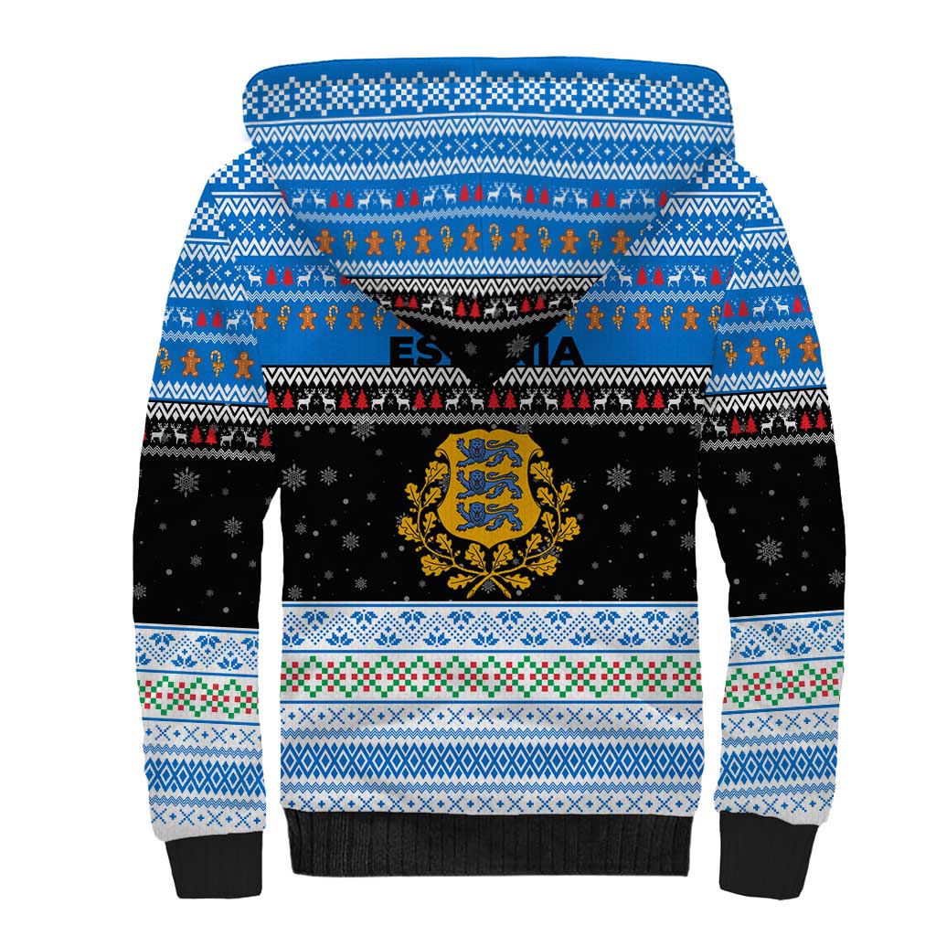 Estonia Christmas Sherpa Hoodie with Reindeer Gingerbread Snowflakes National Emblem and Winter Forest - Wonder Print Shop