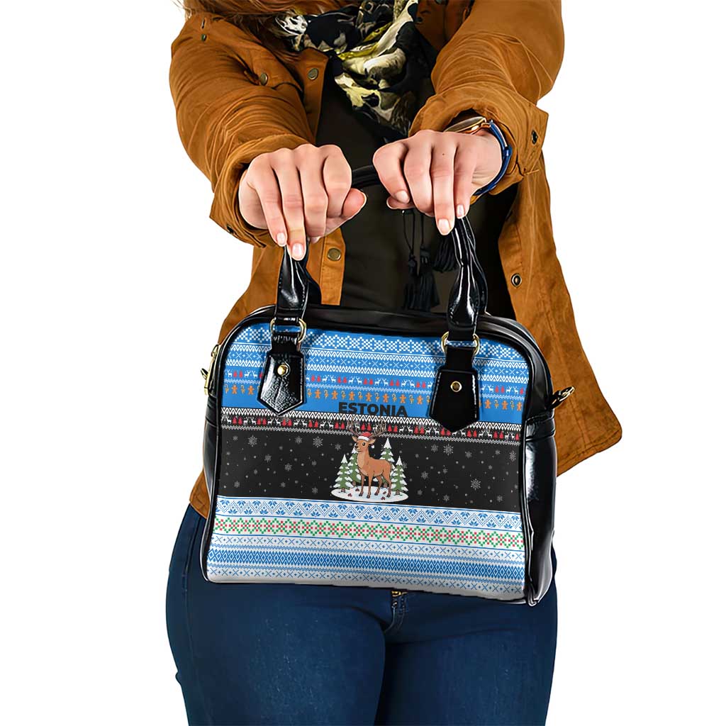 Estonia Christmas Shoulder Handbag with Reindeer Gingerbread Snowflakes National Emblem and Winter Forest - Wonder Print Shop