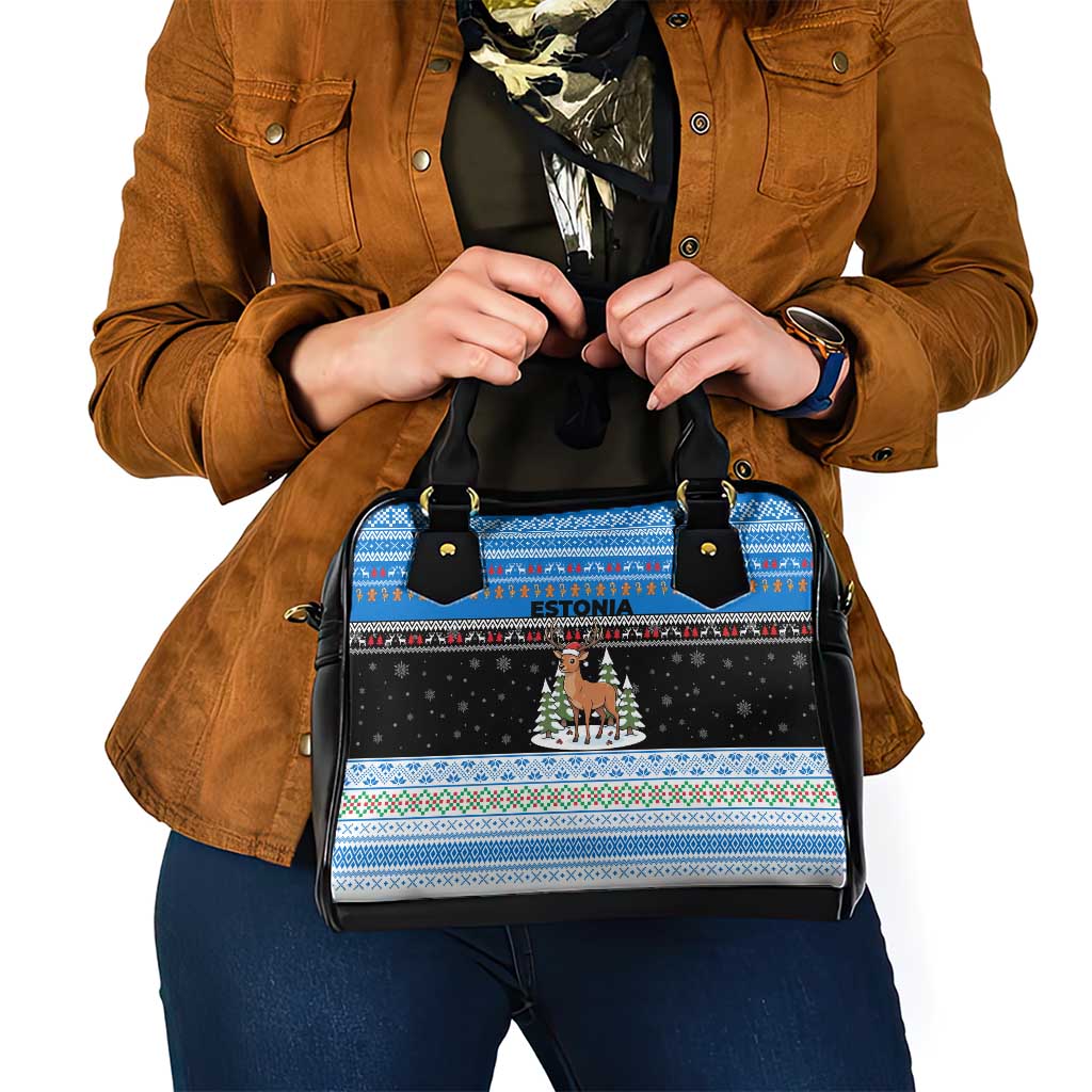 Estonia Christmas Shoulder Handbag with Reindeer Gingerbread Snowflakes National Emblem and Winter Forest - Wonder Print Shop