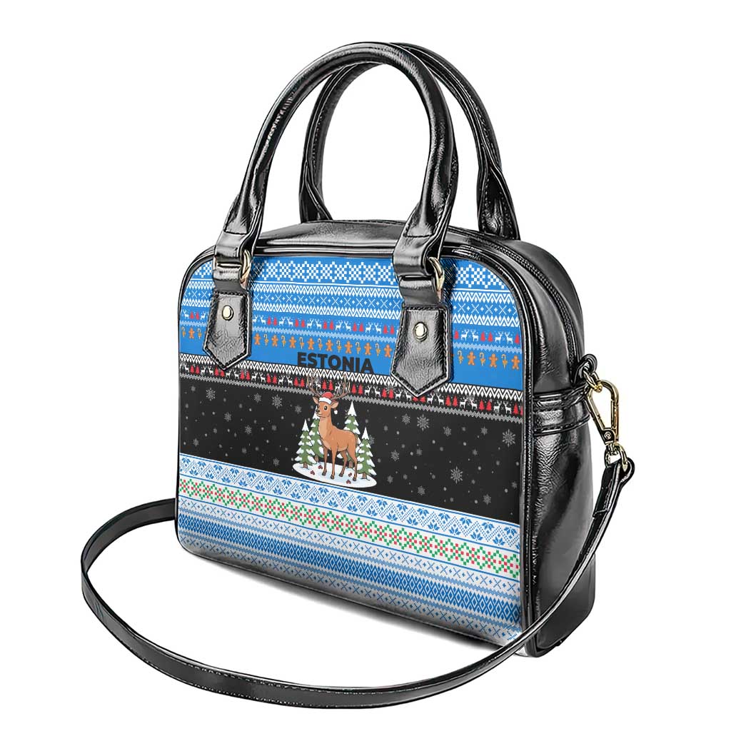 Estonia Christmas Shoulder Handbag with Reindeer Gingerbread Snowflakes National Emblem and Winter Forest - Wonder Print Shop