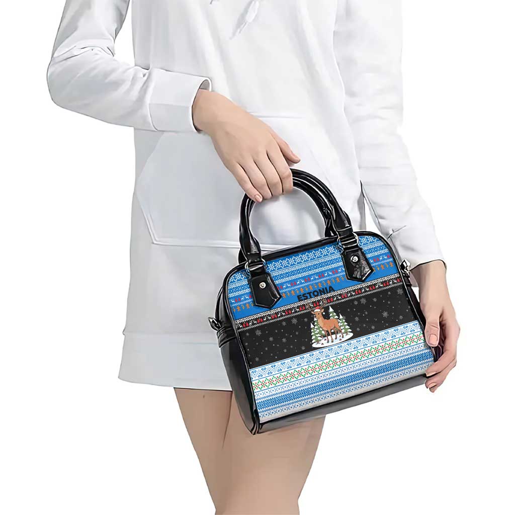 Estonia Christmas Shoulder Handbag with Reindeer Gingerbread Snowflakes National Emblem and Winter Forest - Wonder Print Shop