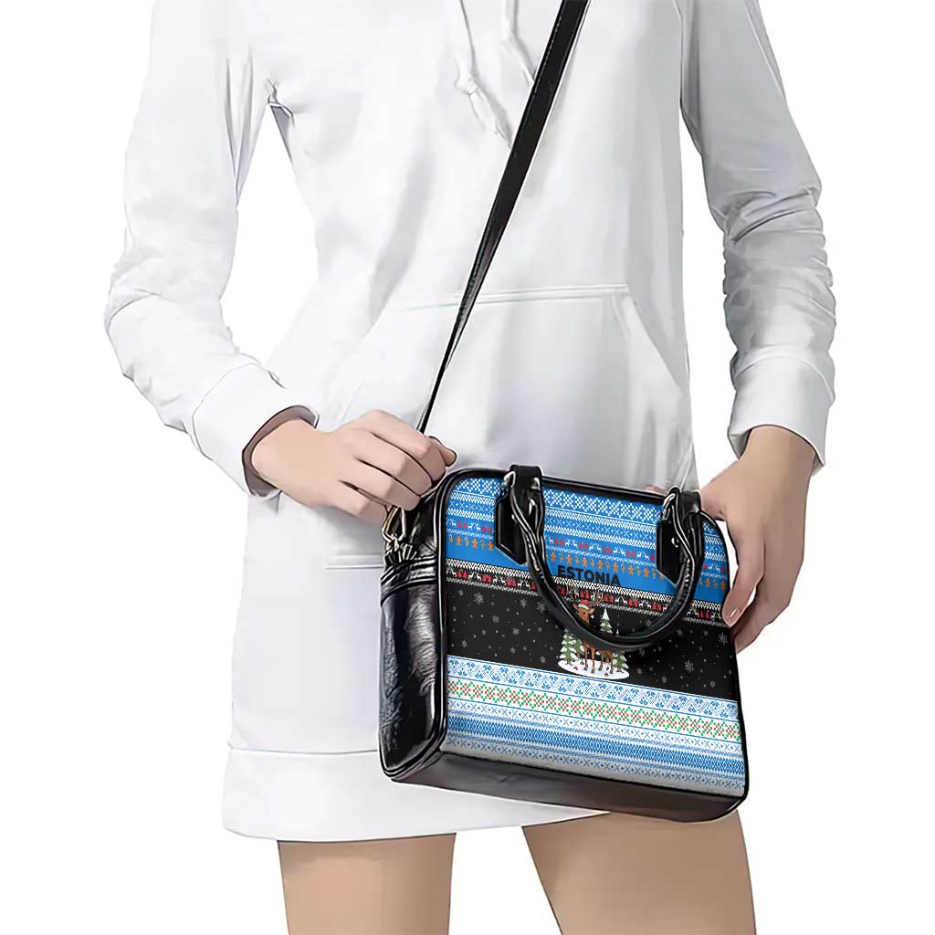 Estonia Christmas Shoulder Handbag with Reindeer Gingerbread Snowflakes National Emblem and Winter Forest - Wonder Print Shop