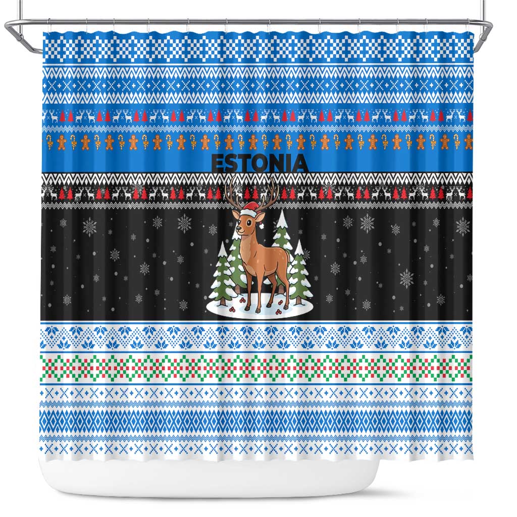 Estonia Christmas Shower Curtain with Reindeer Gingerbread Snowflakes National Emblem and Winter Forest - Wonder Print Shop