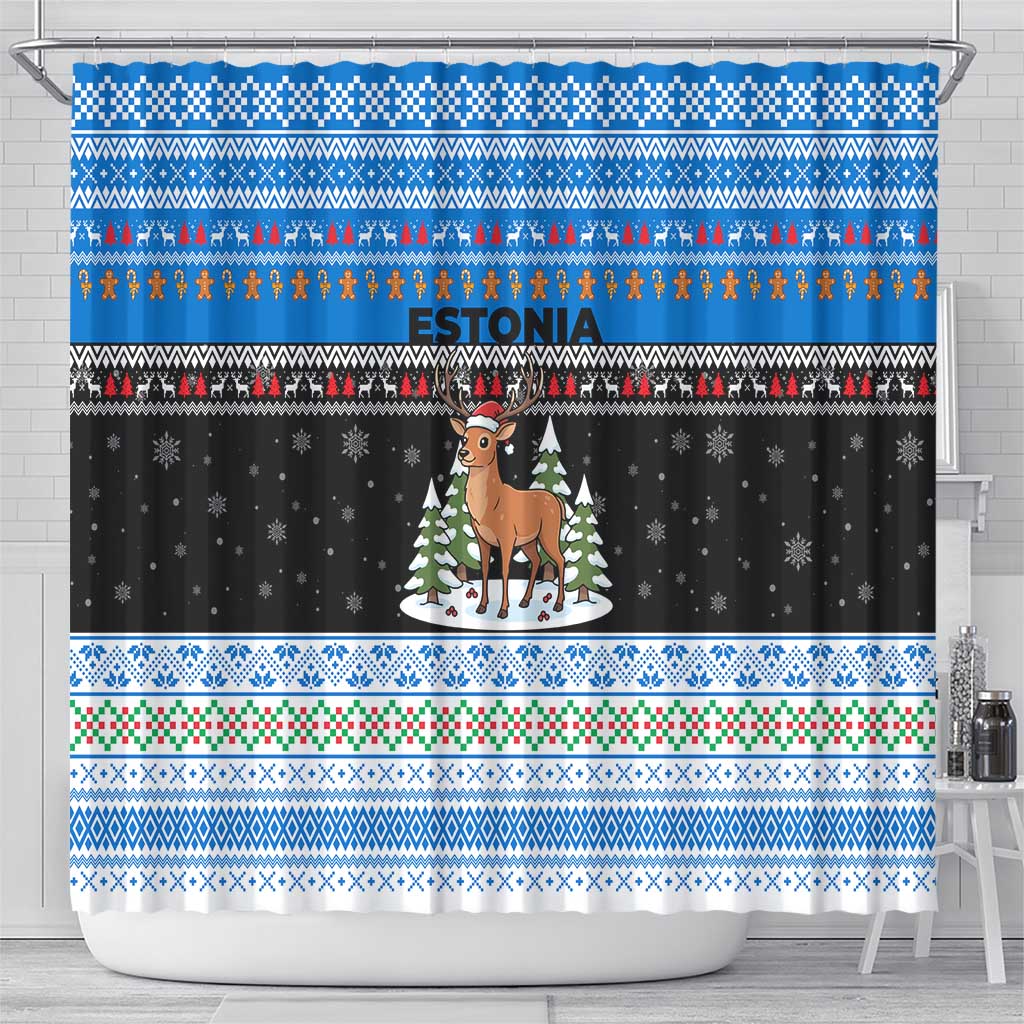 Estonia Christmas Shower Curtain with Reindeer Gingerbread Snowflakes National Emblem and Winter Forest - Wonder Print Shop