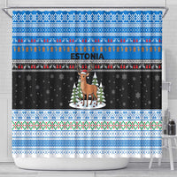 Estonia Christmas Shower Curtain with Reindeer Gingerbread Snowflakes National Emblem and Winter Forest - Wonder Print Shop