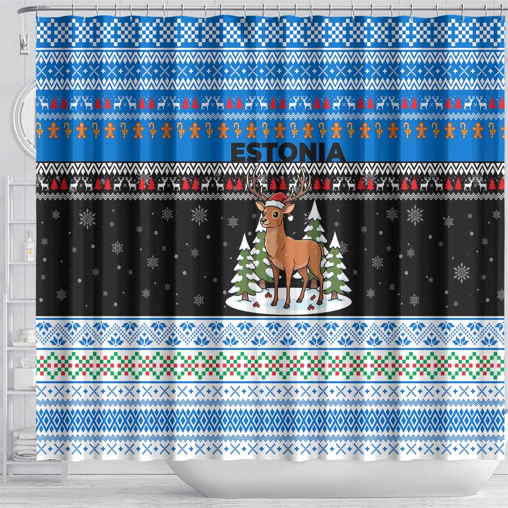 Estonia Christmas Shower Curtain with Reindeer Gingerbread Snowflakes National Emblem and Winter Forest - Wonder Print Shop