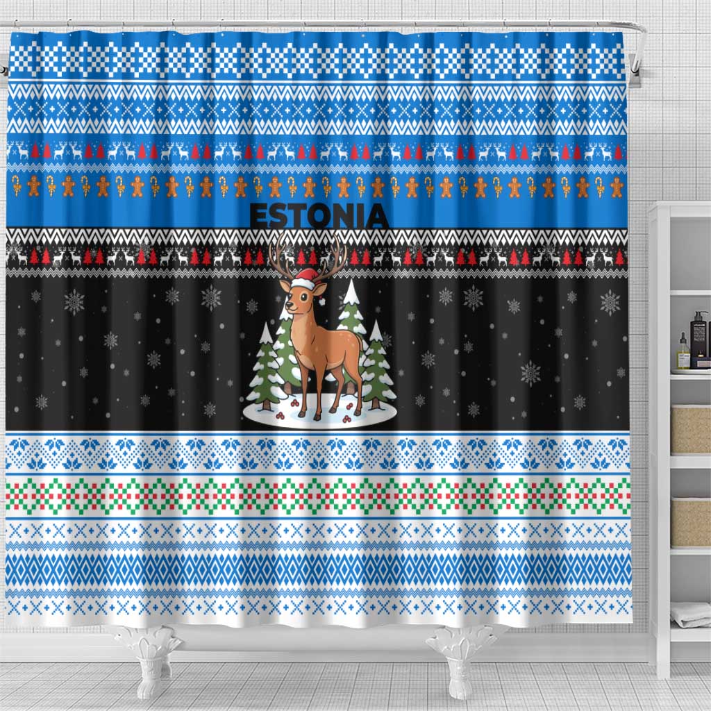 Estonia Christmas Shower Curtain with Reindeer Gingerbread Snowflakes National Emblem and Winter Forest - Wonder Print Shop