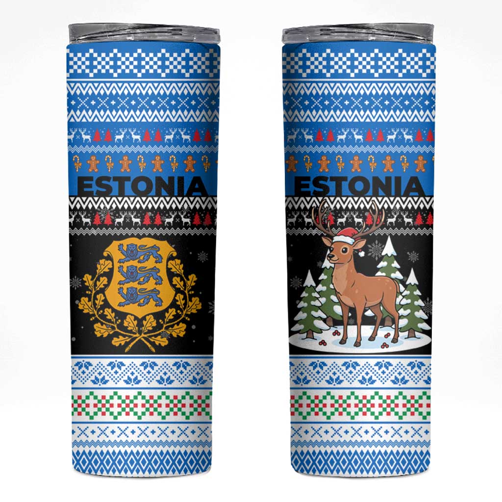Estonia Christmas Skinny Tumbler with Reindeer Gingerbread Snowflakes National Emblem and Winter Forest - Wonder Print Shop