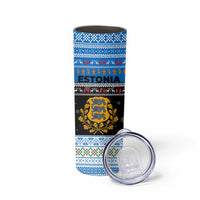 Estonia Christmas Skinny Tumbler with Reindeer Gingerbread Snowflakes National Emblem and Winter Forest - Wonder Print Shop