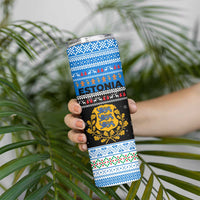 Estonia Christmas Skinny Tumbler with Reindeer Gingerbread Snowflakes National Emblem and Winter Forest - Wonder Print Shop