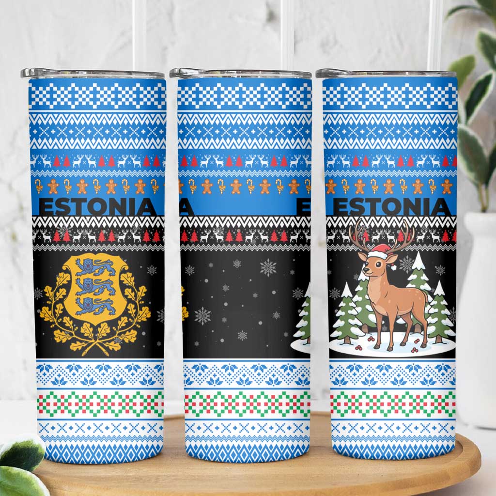 Estonia Christmas Skinny Tumbler with Reindeer Gingerbread Snowflakes National Emblem and Winter Forest - Wonder Print Shop
