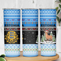 Estonia Christmas Skinny Tumbler with Reindeer Gingerbread Snowflakes National Emblem and Winter Forest - Wonder Print Shop