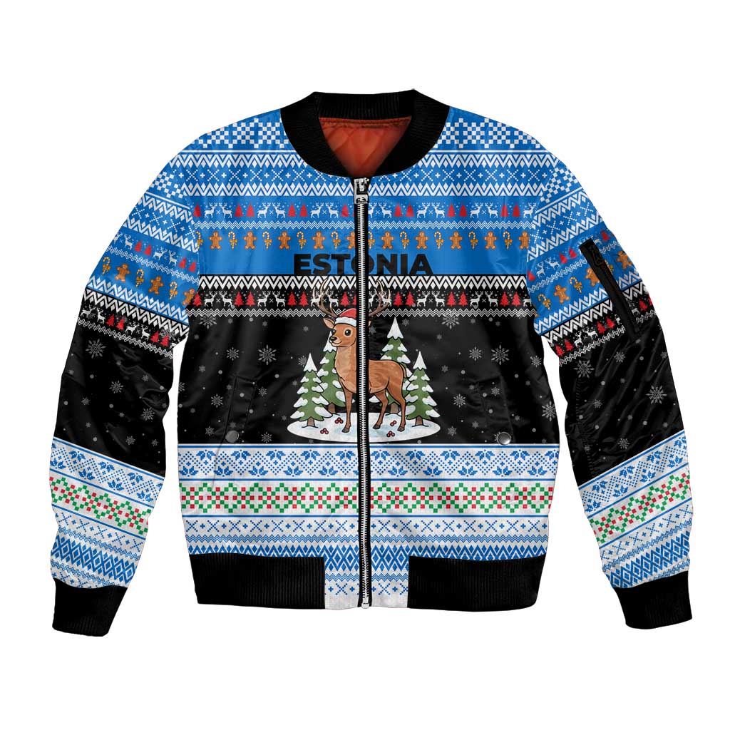 Estonia Christmas Sleeve Zip Bomber Jacket with Reindeer Gingerbread Snowflakes National Emblem and Winter Forest - Wonder Print Shop