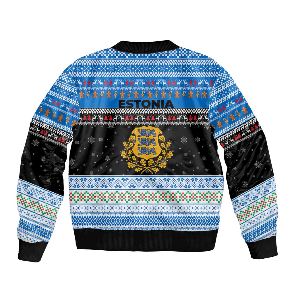 Estonia Christmas Sleeve Zip Bomber Jacket with Reindeer Gingerbread Snowflakes National Emblem and Winter Forest - Wonder Print Shop