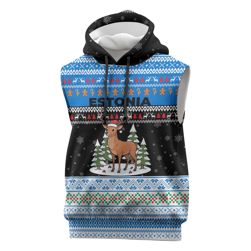 Estonia Christmas Sleeveless Hoodie with Reindeer Gingerbread Snowflakes National Emblem and Winter Forest - Wonder Print Shop
