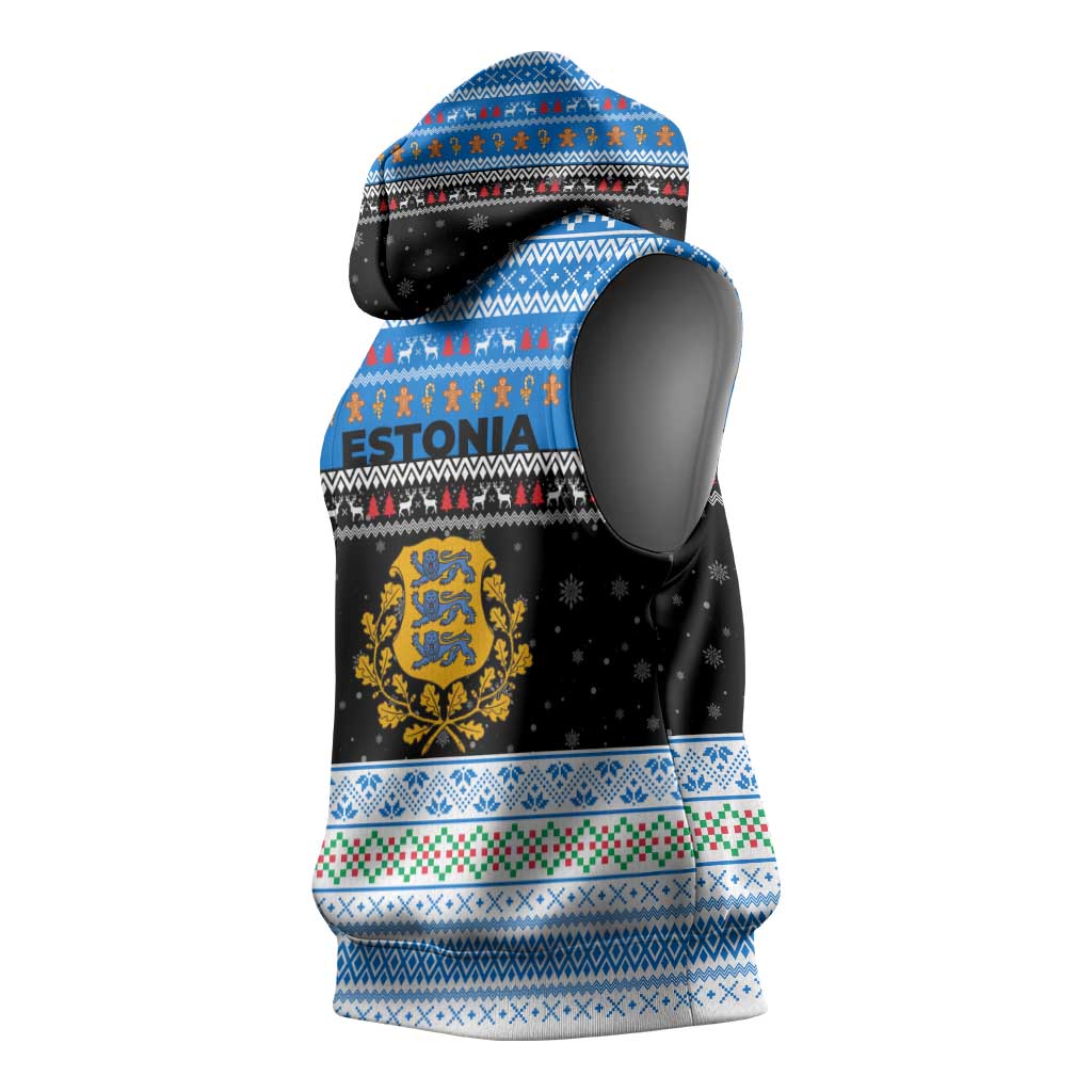 Estonia Christmas Sleeveless Hoodie with Reindeer Gingerbread Snowflakes National Emblem and Winter Forest - Wonder Print Shop
