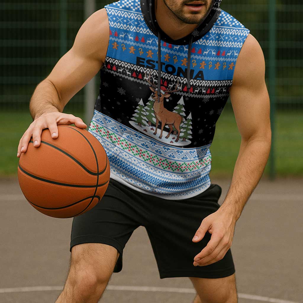 Estonia Christmas Sleeveless Hoodie with Reindeer Gingerbread Snowflakes National Emblem and Winter Forest - Wonder Print Shop