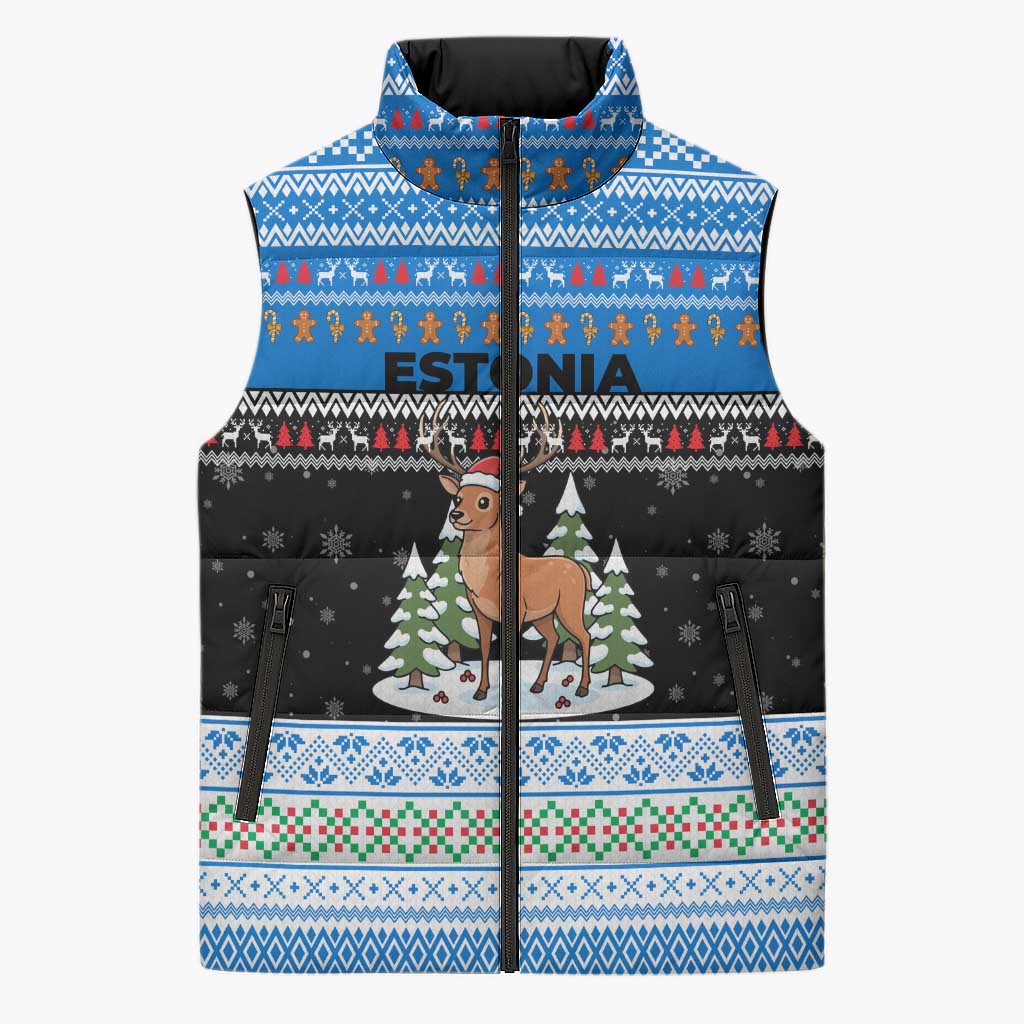Estonia Christmas Sleeveless Puffer Jacket with Reindeer Gingerbread Snowflakes National Emblem and Winter Forest - Wonder Print Shop