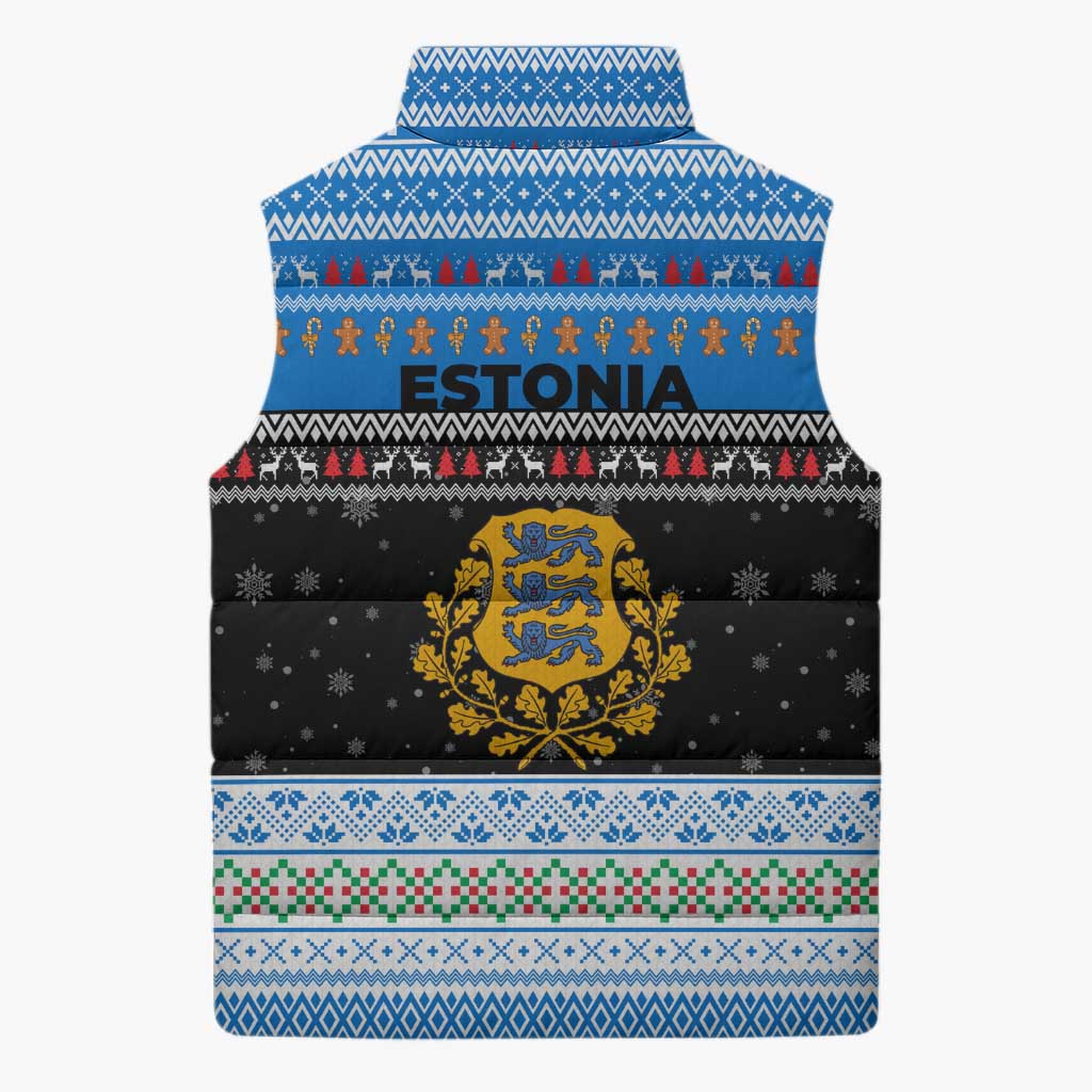 Estonia Christmas Sleeveless Puffer Jacket with Reindeer Gingerbread Snowflakes National Emblem and Winter Forest - Wonder Print Shop