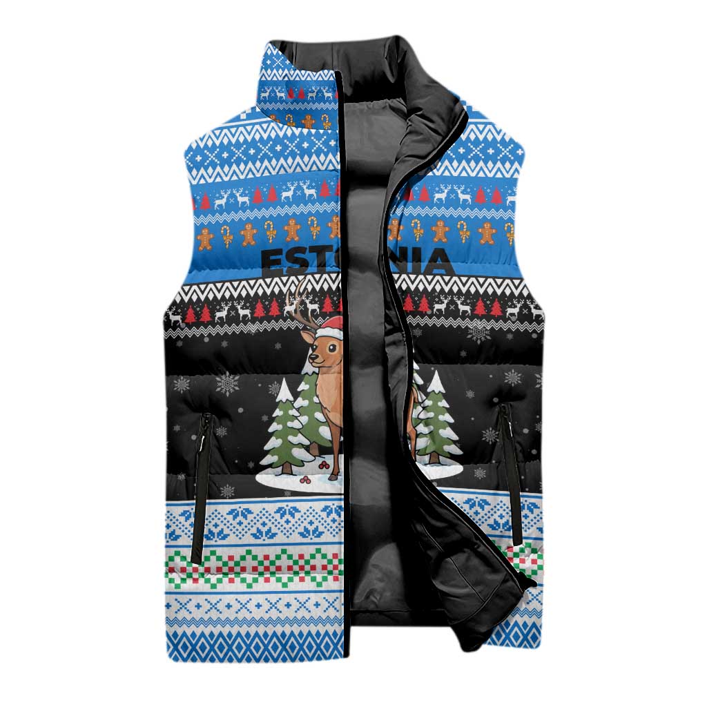 Estonia Christmas Sleeveless Puffer Jacket with Reindeer Gingerbread Snowflakes National Emblem and Winter Forest - Wonder Print Shop