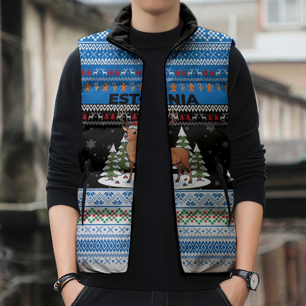 Estonia Christmas Sleeveless Puffer Jacket with Reindeer Gingerbread Snowflakes National Emblem and Winter Forest - Wonder Print Shop