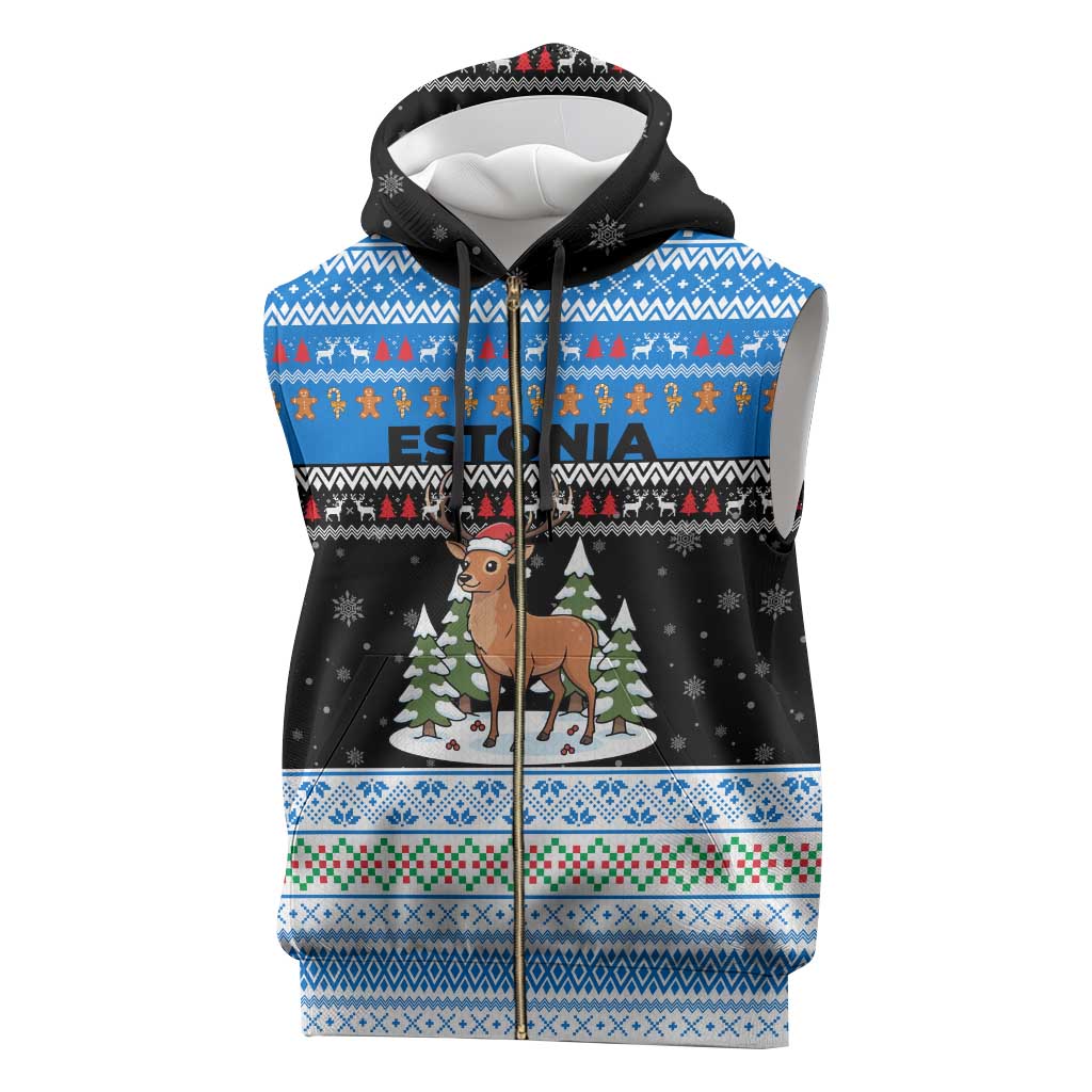 Estonia Christmas Sleeveless Zip Hoodie with Reindeer Gingerbread Snowflakes National Emblem and Winter Forest - Wonder Print Shop