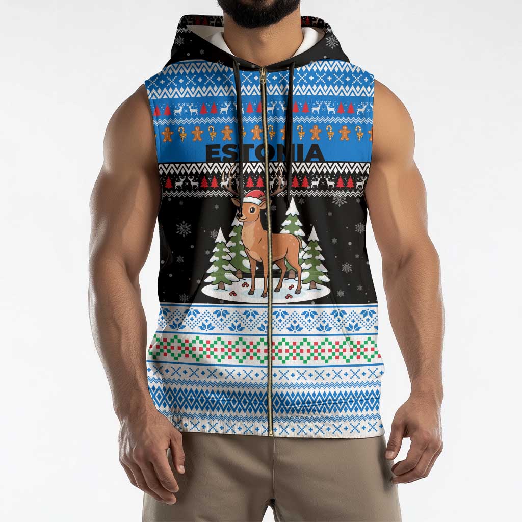 Estonia Christmas Sleeveless Zip Hoodie with Reindeer Gingerbread Snowflakes National Emblem and Winter Forest - Wonder Print Shop