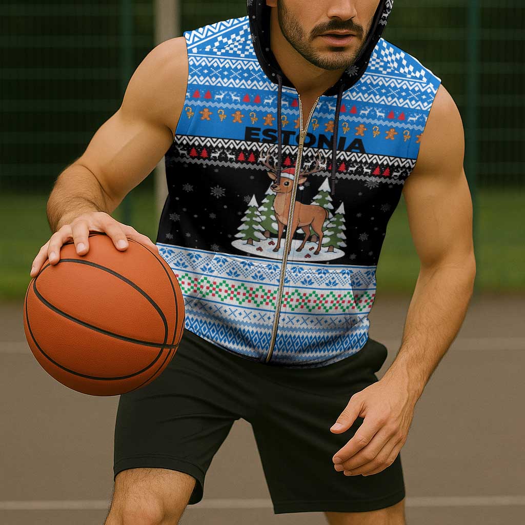 Estonia Christmas Sleeveless Zip Hoodie with Reindeer Gingerbread Snowflakes National Emblem and Winter Forest - Wonder Print Shop