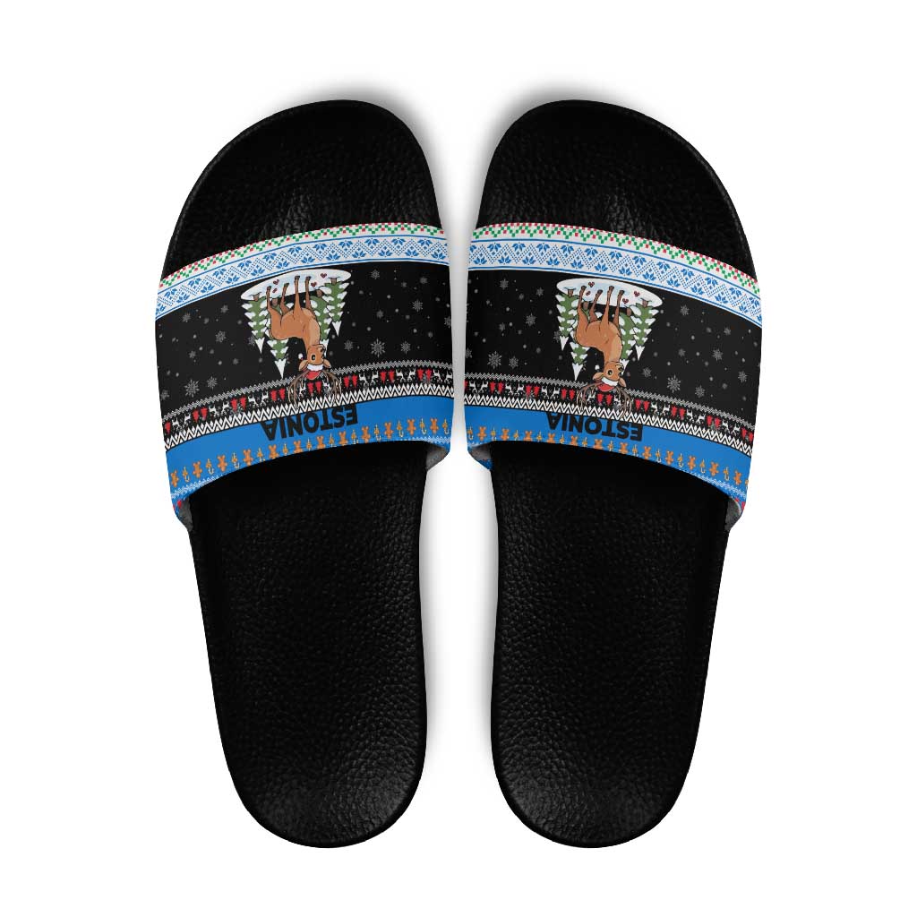 Estonia Christmas Slide Sandals with Reindeer Gingerbread Snowflakes National Emblem and Winter Forest - Wonder Print Shop