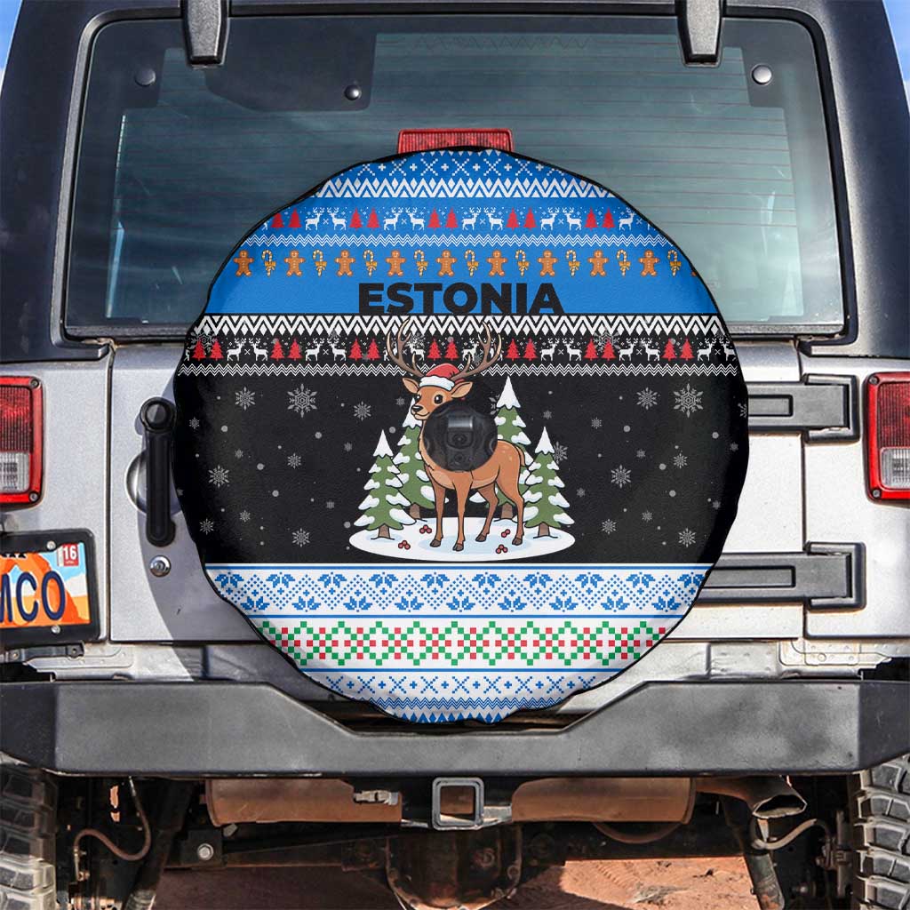 Estonia Christmas Spare Tire Cover with Reindeer Gingerbread Snowflakes National Emblem and Winter Forest - Wonder Print Shop